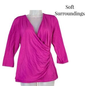 Soft Surroundings Faux Wrap Fuchsia Pima Cotton Women's Large Jersey‎ Knit Top